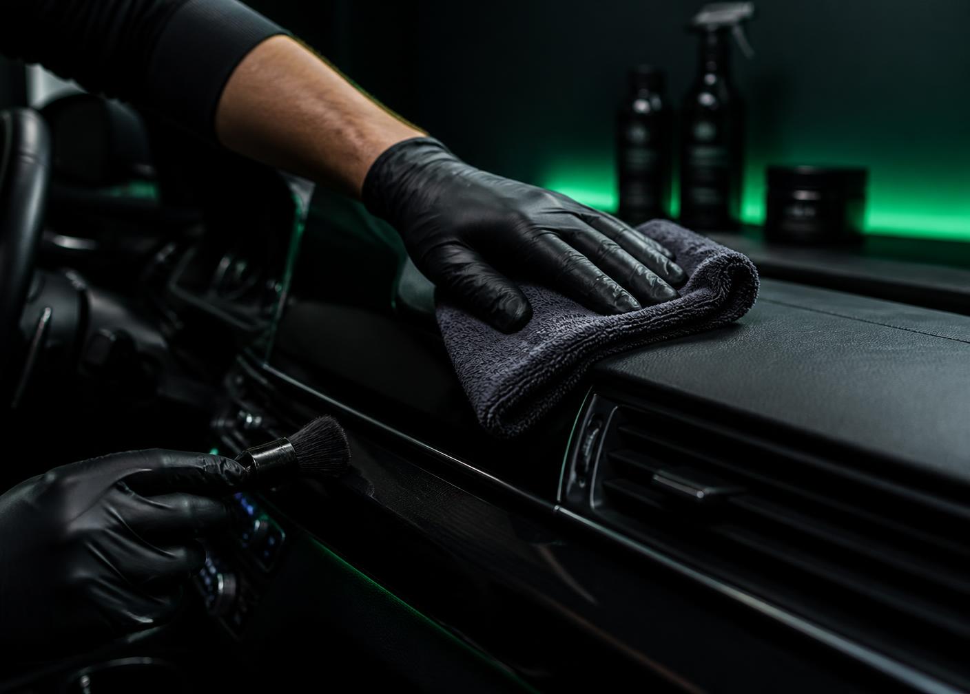 Detailer wiping a car dashboard with a microfiber cloth